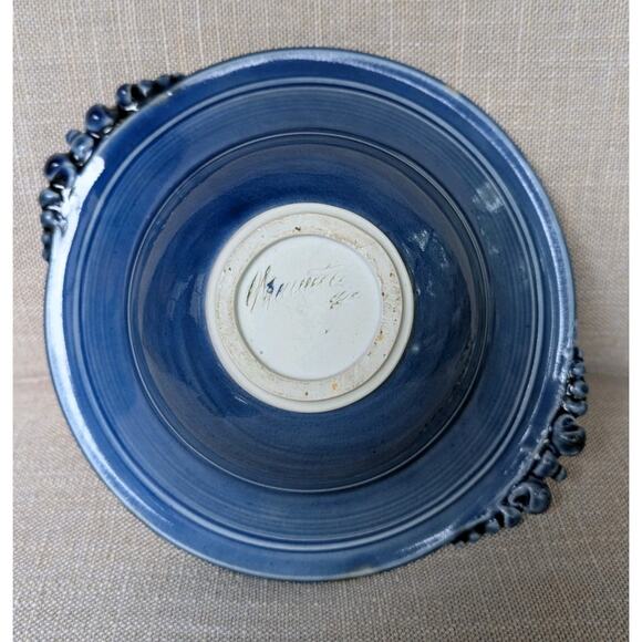 Studio Art Pottery Lidded Dish Bowl Stoneware Blue Glaze Floral Handles Signed - Picture 6 of 9